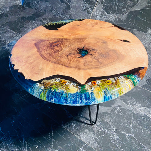 Unique Walnut Circle Coffee Table With Epoxy River
