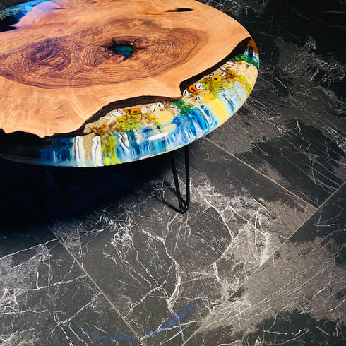 Unique Walnut Circle Coffee Table With Epoxy River