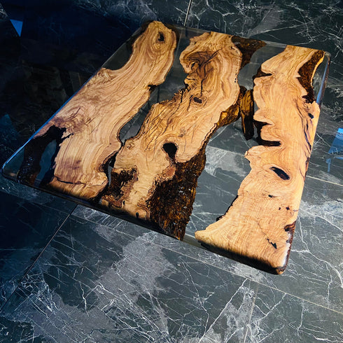 Unique Olive Wood, Transparent Epoxy, Coffee Table
