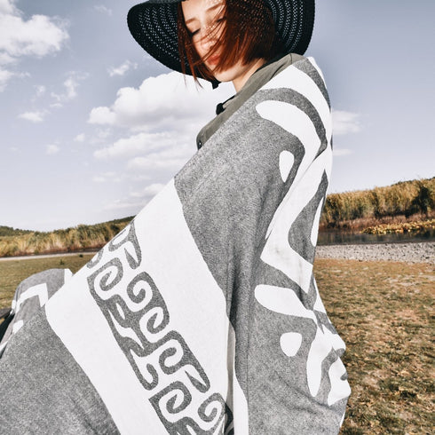 Amara Turkish Towel with African Geometric Traditional Print Grey Peshtamal Big Bath Body Hair Wrap Absorbent Towel Newlywed Gift Idea