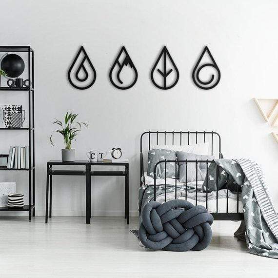 Living Four Wall Fire Room Spiritual Signs Earth Air Bohemian | Art Elements Monochrome Metal Wall -Four Minimalist Nature Elements Art Decoration Northshire Water