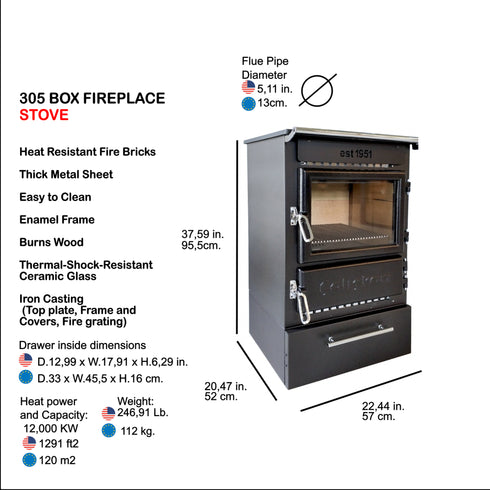 Eco Friendly Wood Burning Stove with Firebox Clear Window Fireplace Heavy Winter Heater with Stovetop Cooker Cottage Style Shango 305 Box