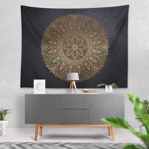 Mandala Tapestry Black Gold Detailed Floral Spiritual Bohemian Hanging Wall Decor Bedspread Picnic Blanket Living Room Bedroom Art