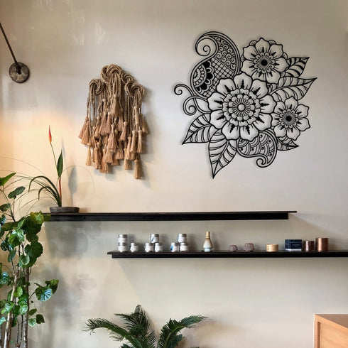 Flower Metal Wall Art Sagaai Indie Mandala Boho Spiritual Art Blooming Floral Monochrome Simplistic Meditation Room Decoration
