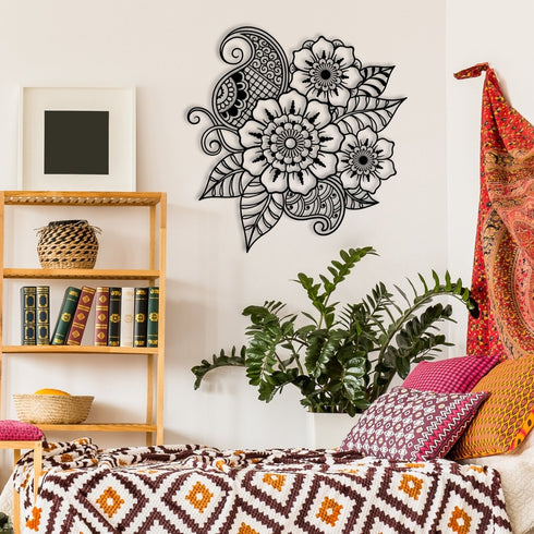 Flower Metal Wall Art Sagaai Indie Mandala Boho Spiritual Art Blooming Floral Monochrome Simplistic Meditation Room Decoration