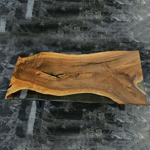 Unique Walnut Wood, Dinner Table With Transparent Epoxy River