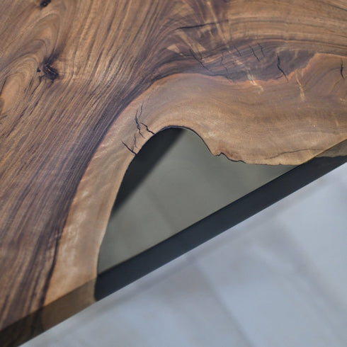 Unique Walnut Wood, Dinner Table With Transparent Epoxy River