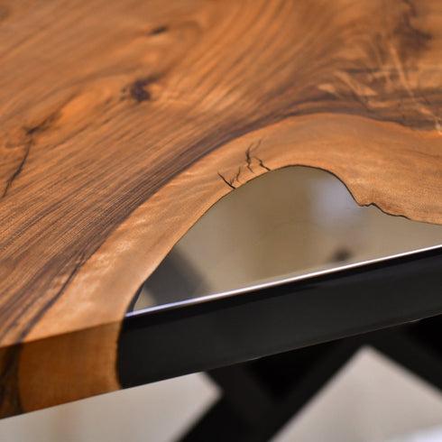 Unique Walnut Wood, Dinner Table With Transparent Epoxy River