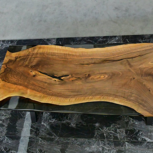 Unique Walnut Wood, Dinner Table With Transparent Epoxy River