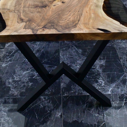 Unique Walnut Wood, Dinner Table With Transparent Epoxy River