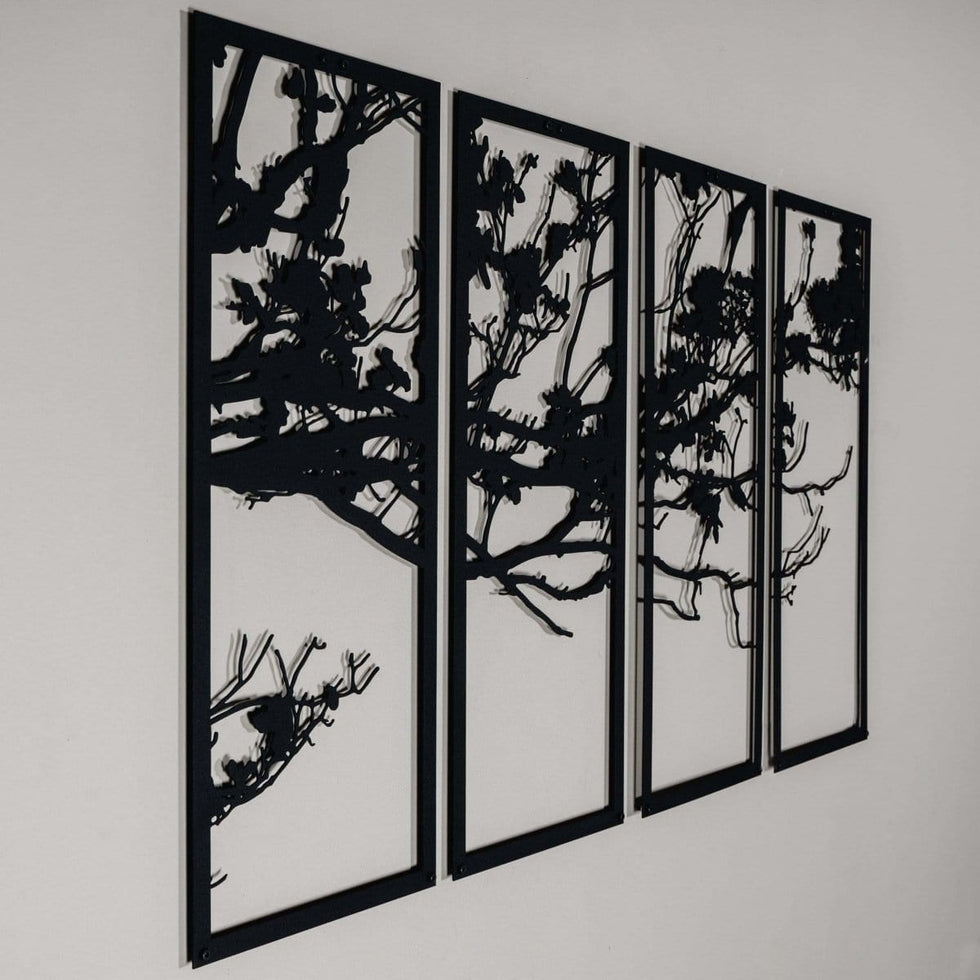 Rise of Nature Tree Branches Metal Wall Art 4 PANEL Monochrome Black
