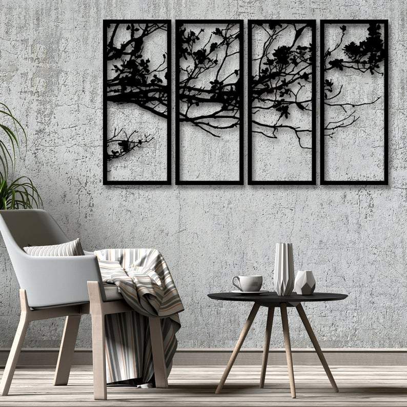 Rise of Nature Tree Branches Metal Wall Art 4 PANEL Monochrome Black