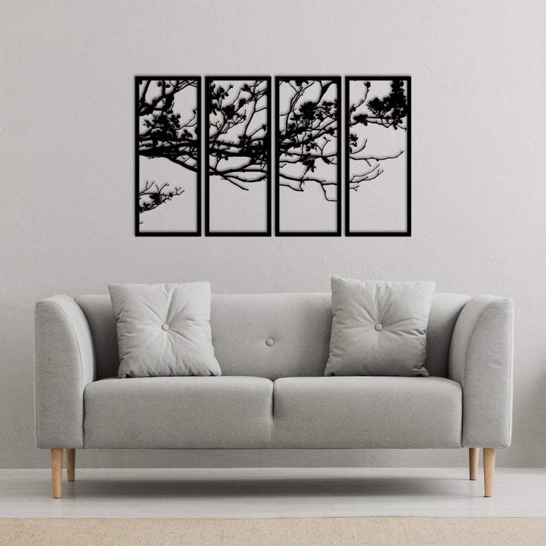 Rise of Nature - Tree Branches Metal Wall Art 4 PANEL Monochrome Black ...